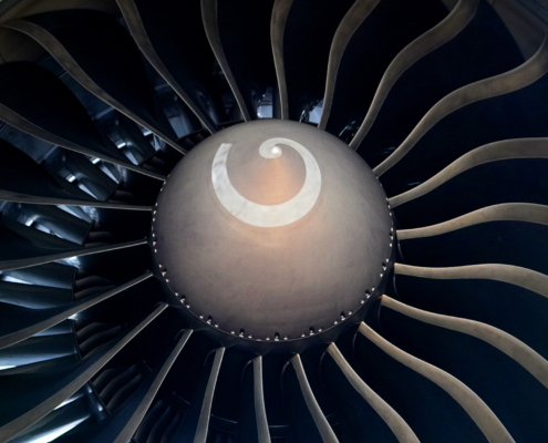 High Angle Close Up Of Commercial Aircraft Engine Turbine Fan Blades